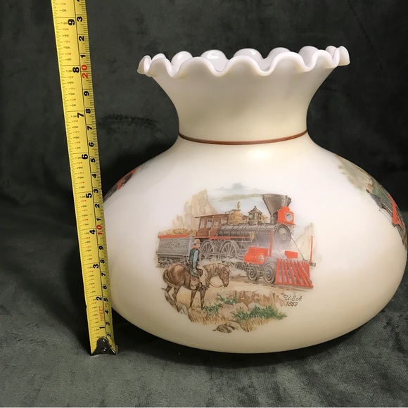 Vintage Lamp Shade Ruffled Milk Glass Train History Scenes 6.75” GWTW - Picture 2 of 16